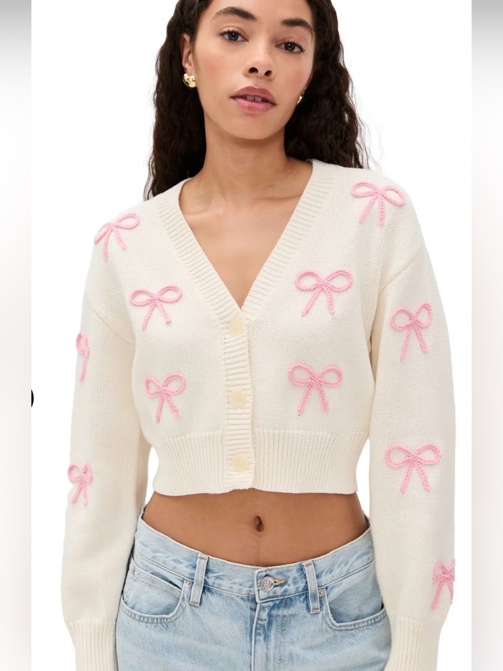 LoveShackFancy Women's Francette White Bow-Embellished Crop Cardigan-Size Small